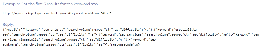 SEO API request and reply example