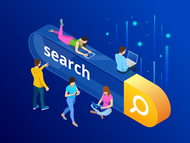 Isometric Search bar modern concept. Search engine optimization and web analytics elements. Vector interface element with search button