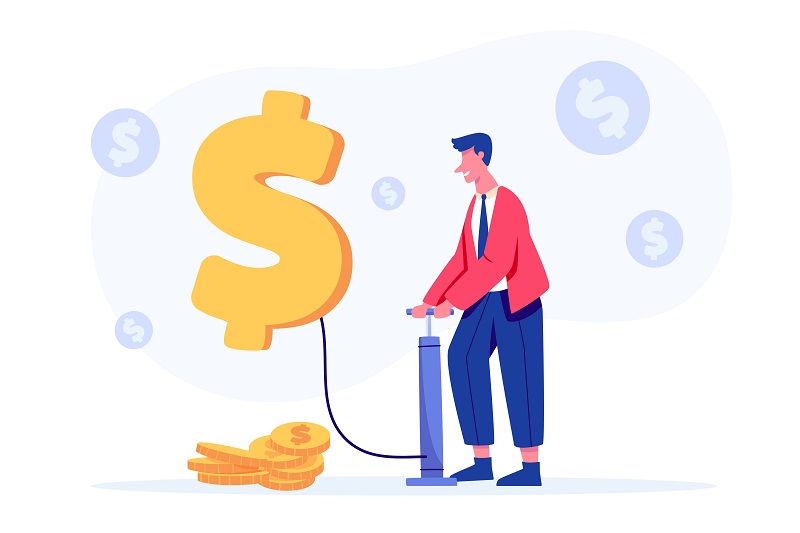 Businessman make Money growth business success Financial investment and Return on investment ROI concept. Financial investments, marketing, analysis, security of deposits Vector Illustration.